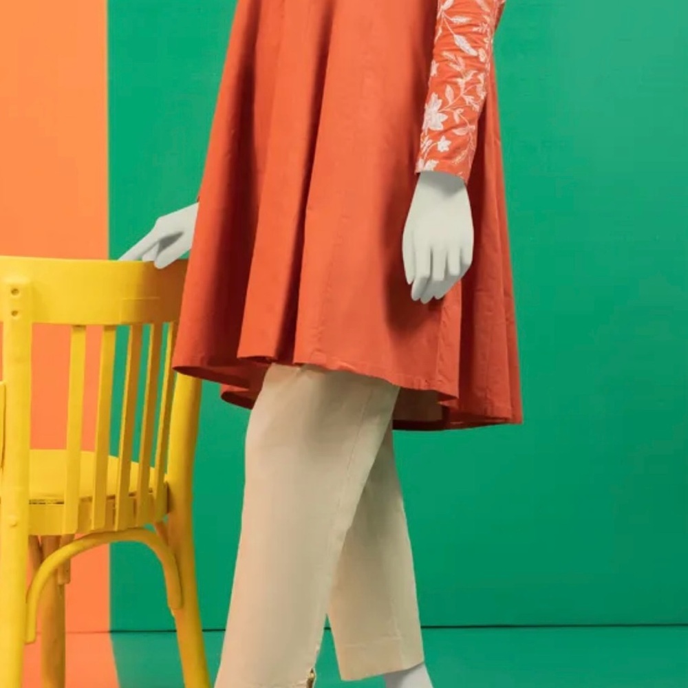 Orange A-Line Dress with Floral Sleeves